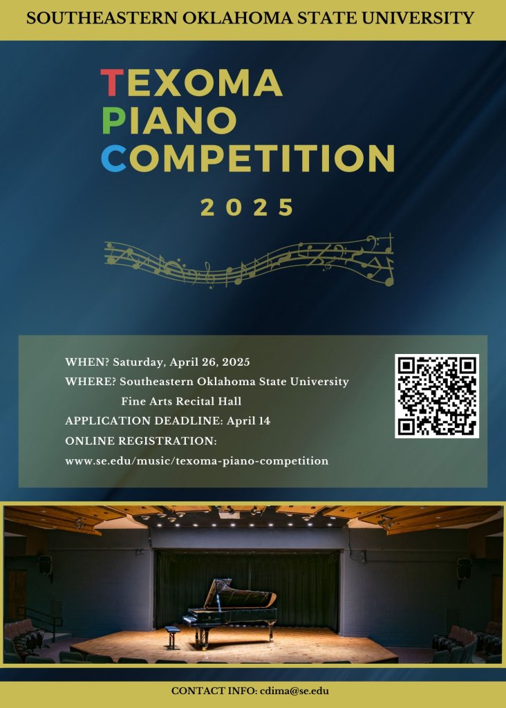 A poster with details on registering for the 2025 Texoma Piano Competition