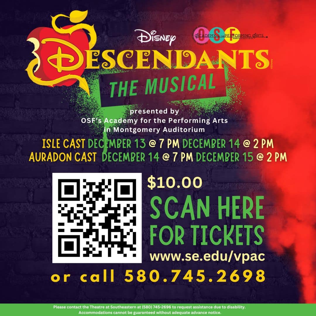 A poster with details of shows for The Oklahoma Shakespearean Festival's production of Disney's Descendants The Musical