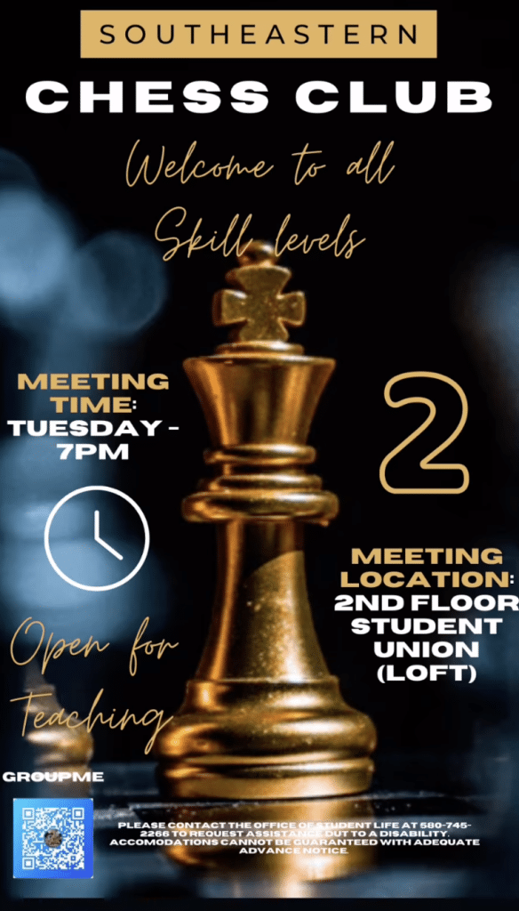 a flyer detailing meetings of the Southeastern Chess Club in Spring 2025