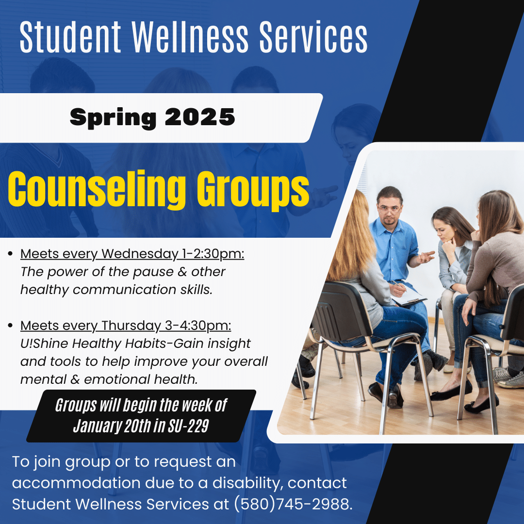 A graphic with text and details on group counseling sessions provided by Campus Wellness in the spring 2025 semester